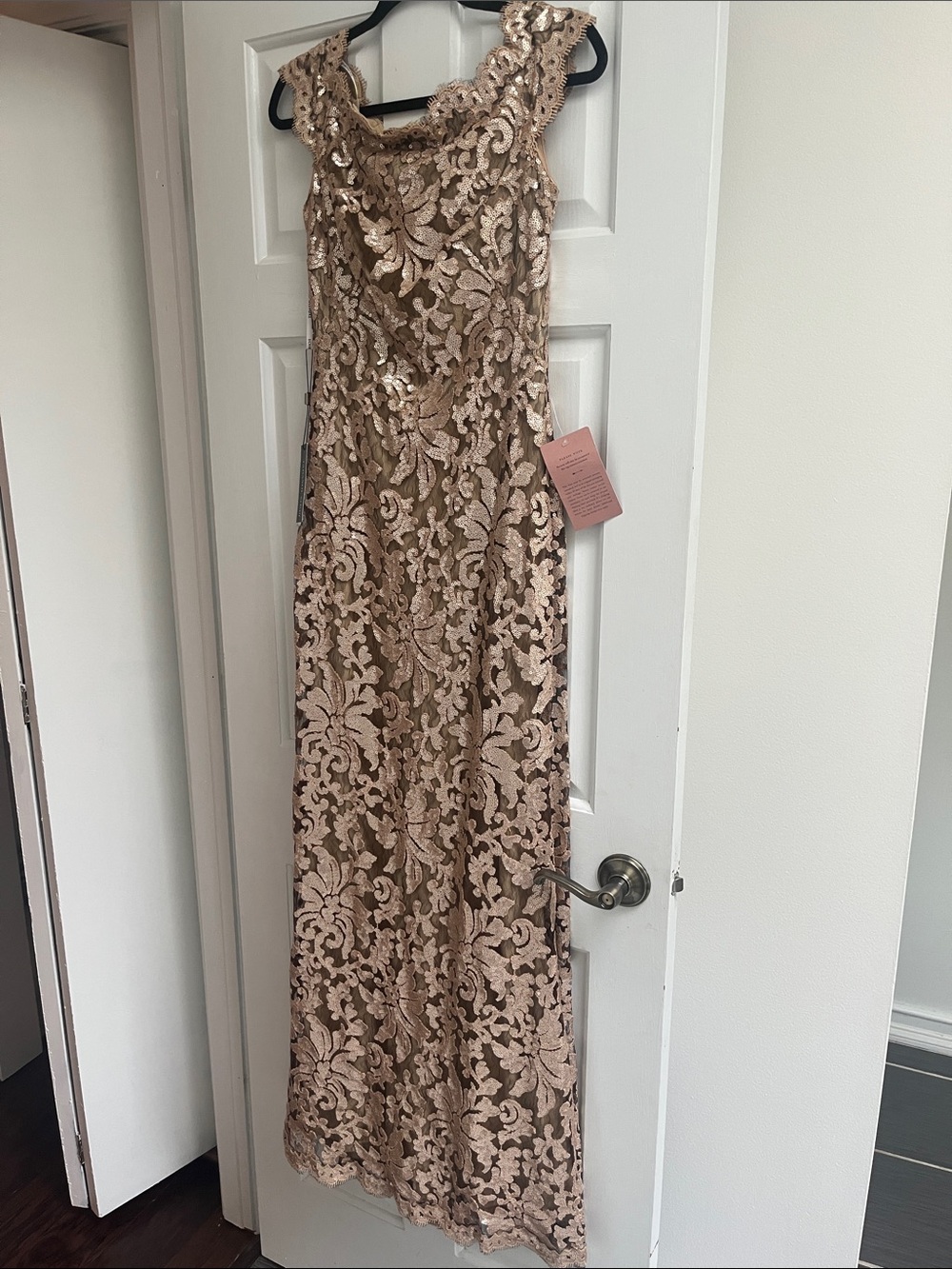 Paillette Embroidered Lace Off Shoulder Gown in Black / Nude